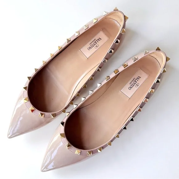 Valentino Garavani Rockstud Pointed Toe Flats Nude Beige Patent Leather 38.5 - Picture 8 of 15
